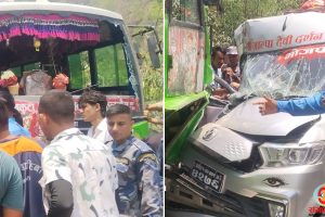 धनकुटाको लाबरबोटेमा इभी र बस ठोक्किएर दुर्घटना, पाँच जना घाइते