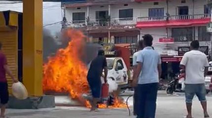 बेलबारीमा पेट्रोल पम्पमा तेल हालेर स्टार्ट गर्ने क्रममा मोटरसाइकलमा आगलागी